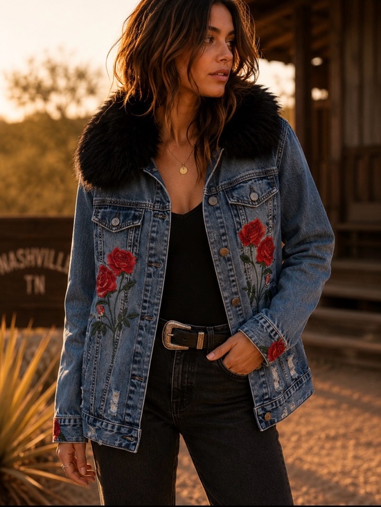 La Coalition Jackets & Blazers - LA Coalition Rose Embroidered Denim Jacket Fur Collar NWT Small